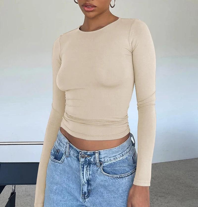 Women Long Sleeve Basic T Shirts 2024 Fashion Spring Autumn Y2K Tops Pullovers Causal Streetwear Solid Slim Fit Base Crop Top